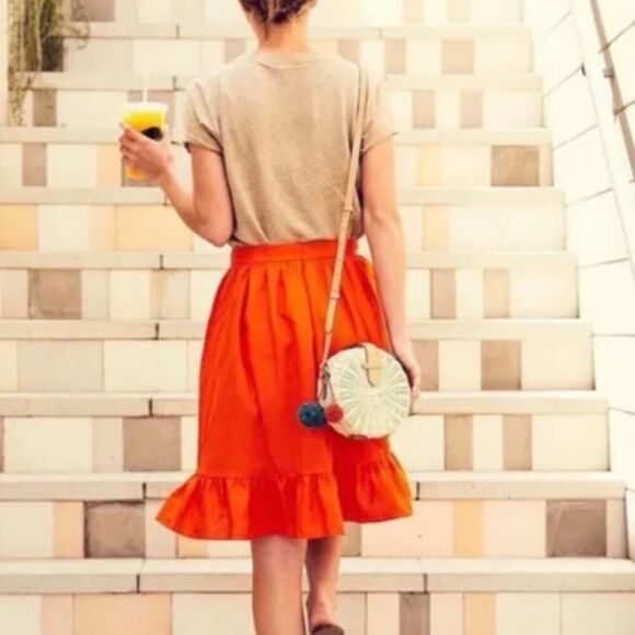 J. Crew 100% Linen Ruffle Hem Faux Wrap Mini Skirt Citrus Poppy Orange Size 10 - Picture 2 of 12